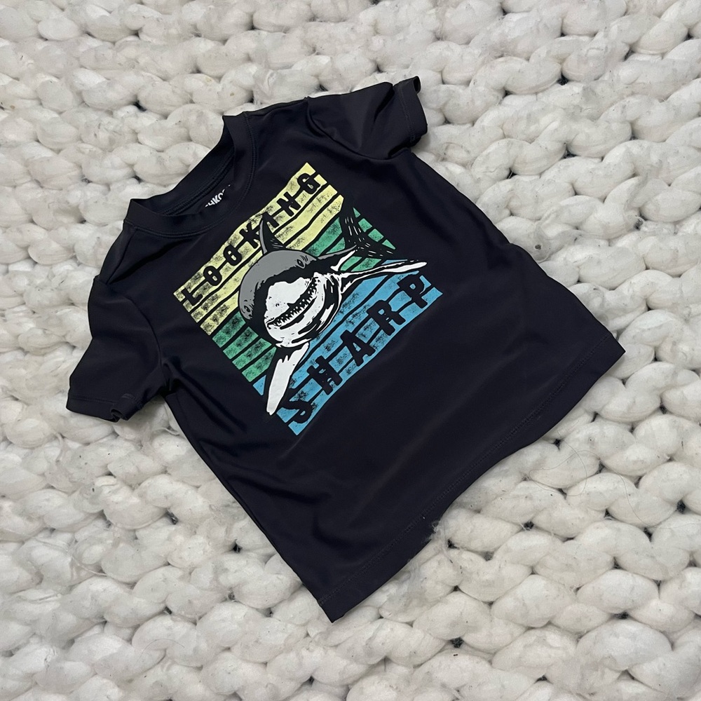 OshKosh B'gosh Black Shark Rash Guard Swim Tee with Stripes | Size 3T